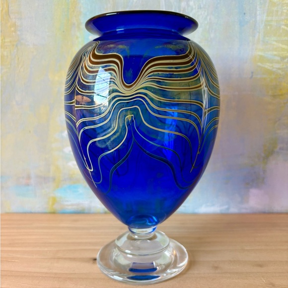 Marc Boutte - Vibrant Blue Art Glass Vase with Gold Accents - Picture 2 of 5
